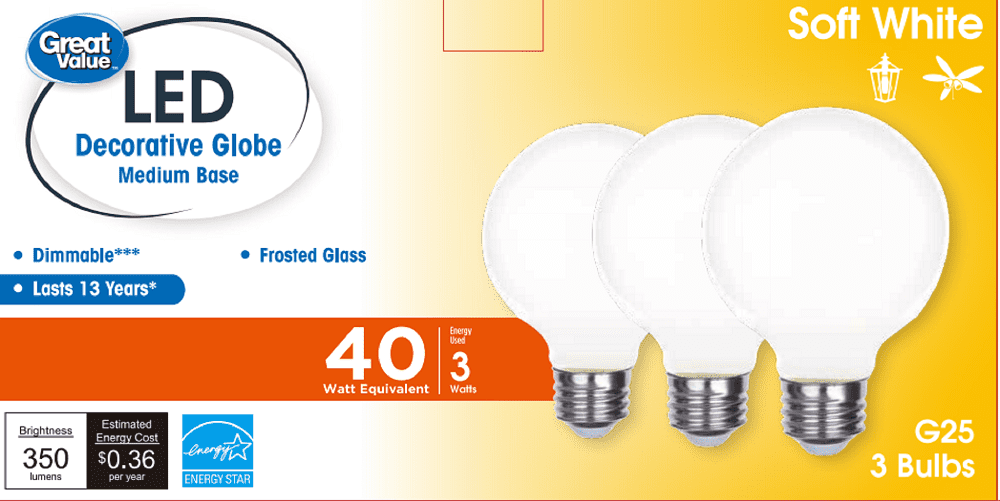 Great Value Deco LED Light Bulb G25 Soft White 40 Watts 3 Pack