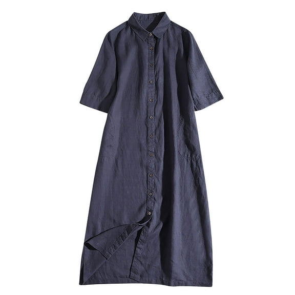 Zpanxa Solid Color V Neck Dress Women's Casual Summer Short Sleeve Button Down Dress