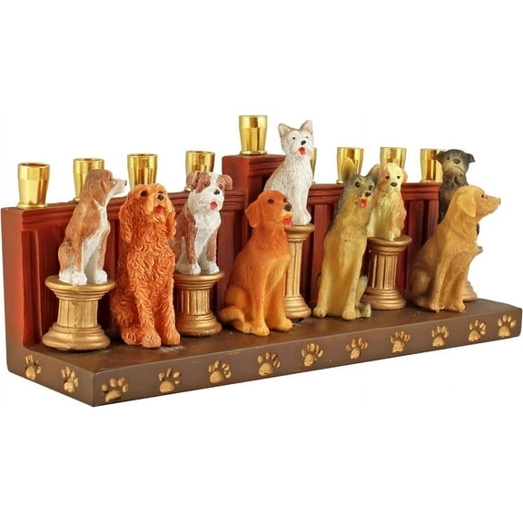 Aviv Judaica Hanukka Dogs and Puppies Themed Menorah Improved Quality Earthenware Candle Holder Menorah for Kids Adults Functional Collectible 3D Sculptured Dogs fits Standard Chanukah Candles Menorah