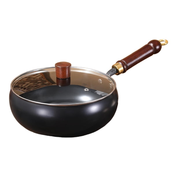 Sartén wok de 9,45" con mango de madera sin revestimiento, multiusos para saltear tapa de vidrio