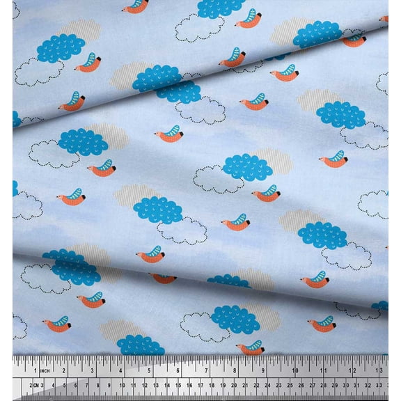 Soimoi Blue Silk Fabric Clouds & Bird Print Sewing Fabric Yard 44 Inch Wide