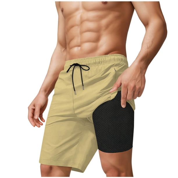 Ceisia Men's Swim Trunk Mesh Lining Quick Dry Board Shorts Swimwear Beach Shorts Beige L Gift