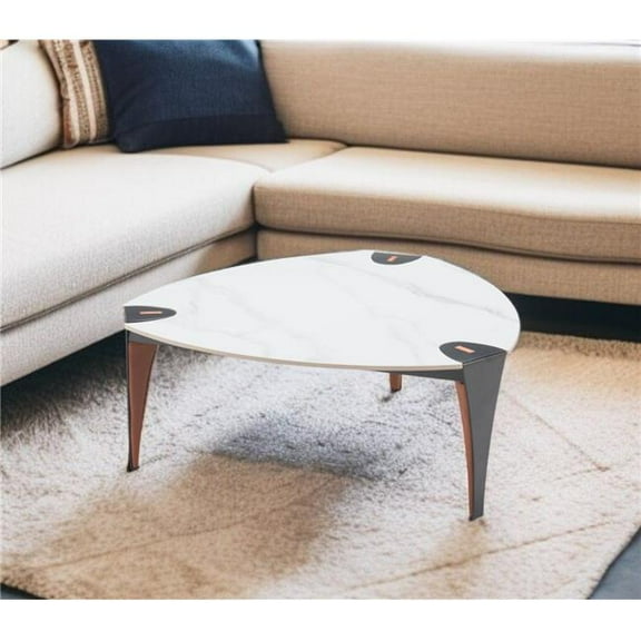 HomeRoots 565004 36 in. White & Black Sintered Stone Faux Leather & Steel Triangle Coffee Table