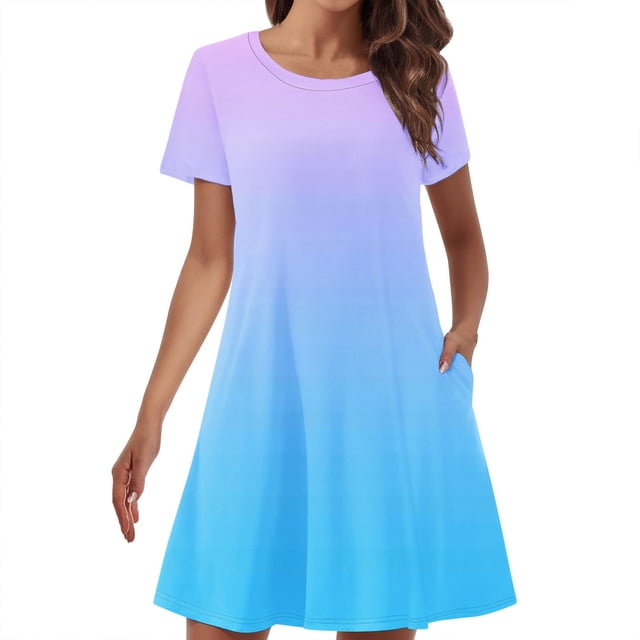 AherBiu Robe T-Shirt pour Femme Coupe Ample Été Décontractée Ligne A Robe Courte Tendance Couleur Dégradée Robe Mini avec Poches