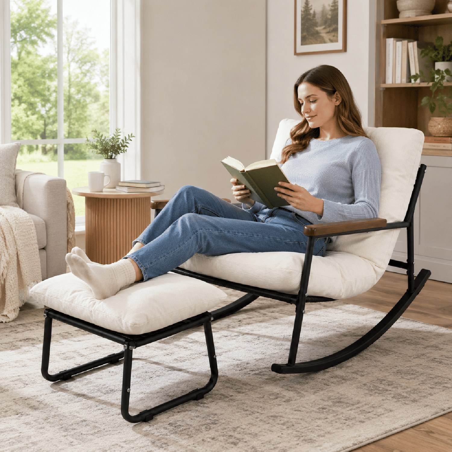 Papasan Rocking Chair with Thickened Cushion and Matching Ottoman, Solid Wood Armrests and Rockers, Comfy Reading Lounge for Nursery, Living Room, Bedroom, Porch and Balcony