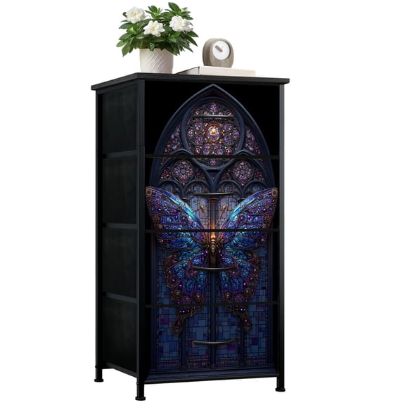 Stained Glass Style Dresser for Bedroom with 4 Storage Drawers Gothic Stained Glass Butterfly Dark Sapphire Wings Dressers Chest of Drawers Steel Framed Fabric Closet Organizers for Entryway