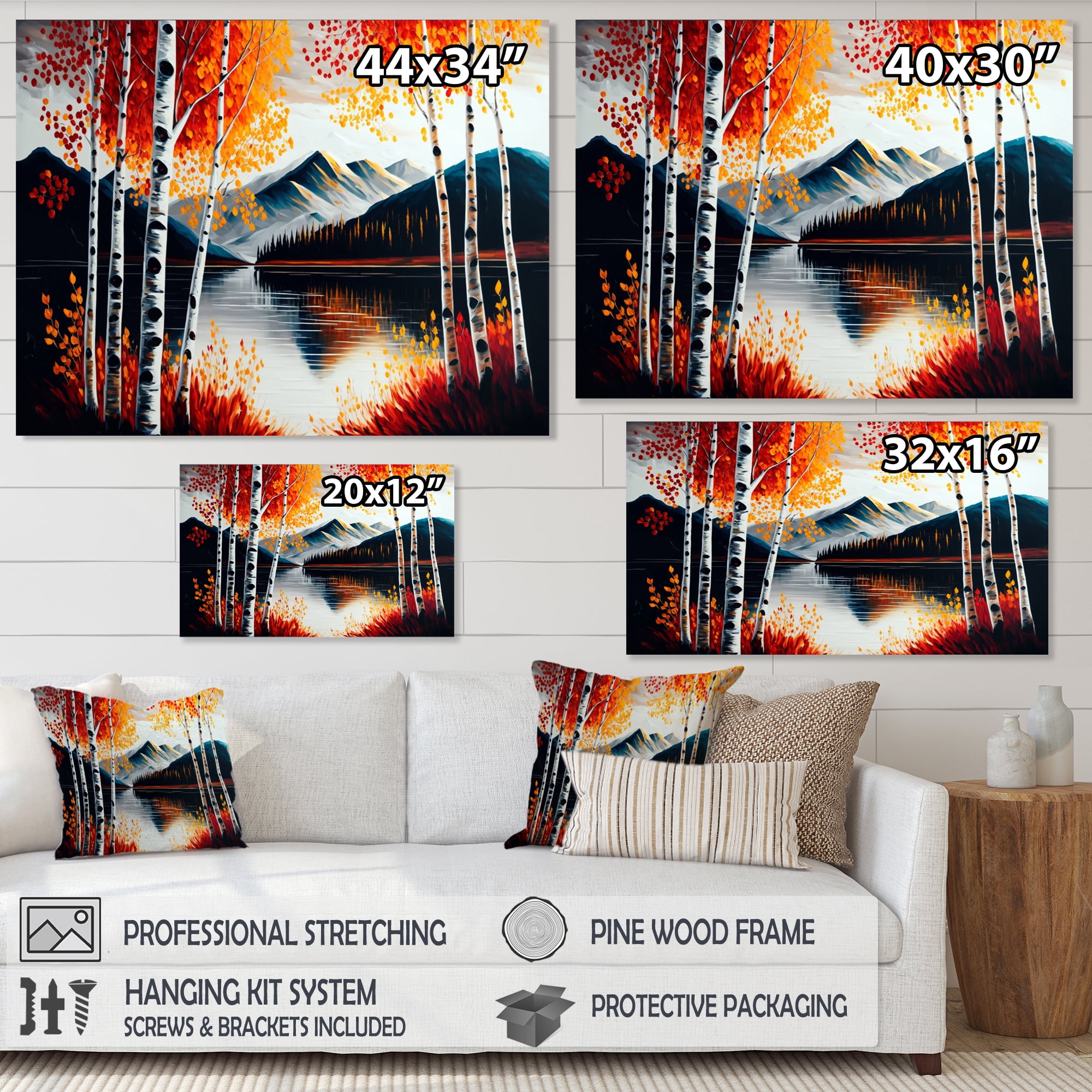 Designart Red And Orange Birch Trees By The Lake I Canvas Wall Art