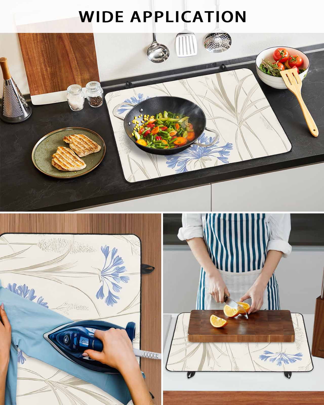 nqOlkjepod Large Induction Cooktop Protector Mat 24"x21", Blue Floral Leaves Stove Top Covers for Electric Stove, Beige Farmhouse Botanical Decorative Stove Burner Cover Mats, Glass Top Stove Cover