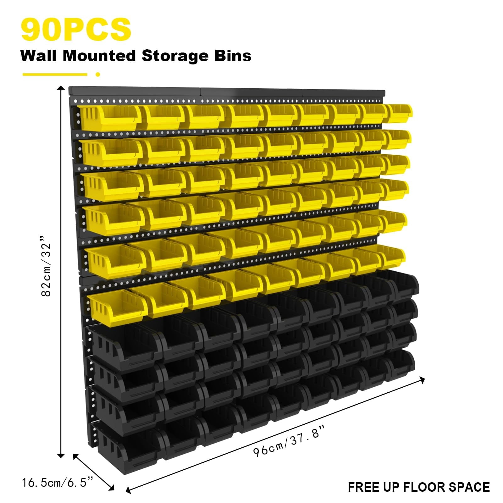 Extra Large 90PCS Wall Mounted Storage Bins Organizer, Plastic Screw & Bolt Storage Rack with Pegboard, Nut & Hardware Organizer for Garage, Workshop, Craft Room (Yellow & Black)