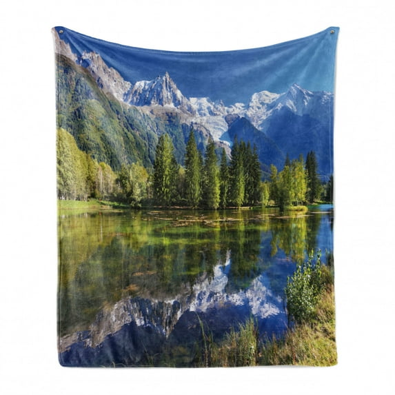 Outdoor Soft Flannel Fleece Blanket, Snowy Mountains Evergreen Spruce Reflected in Lake City Park Chamonix France, Cozy Plush for Indoor and Outdoor Use, 50" x 70", Blue Green White, by Ambesonne