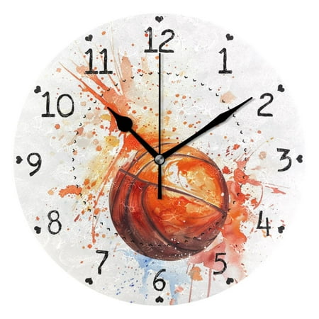 Basketball Watercolor Round Wall Clock Silent Analog Battery Operated Black Pointer Home Decor 9.84 Diameter