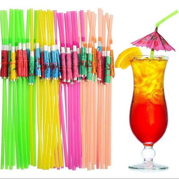 Dianli 100 Pack Umbrella Drink Straws Tropical Cocktail Beverage Stirrers Fun Plastic Party Decoration for Summer Pool Luau Birthday Bar Colorful Fancy Drink Accessories