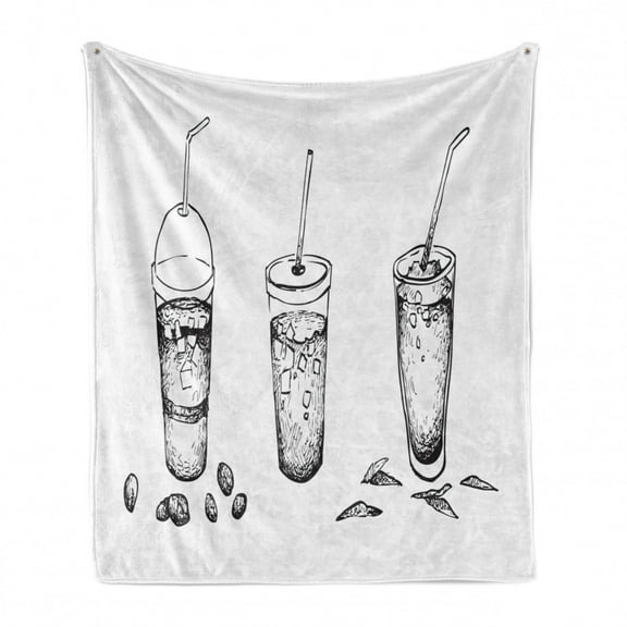 Sketch Soft Flannel Fleece Blanket, Summer Time Beverages Iced Coffee Ice Tea Soft Drinks Engraved Illustration, Cozy Plush for Indoor and Outdoor Use, 60" x 80", Charcoal Grey White, by Ambesonne