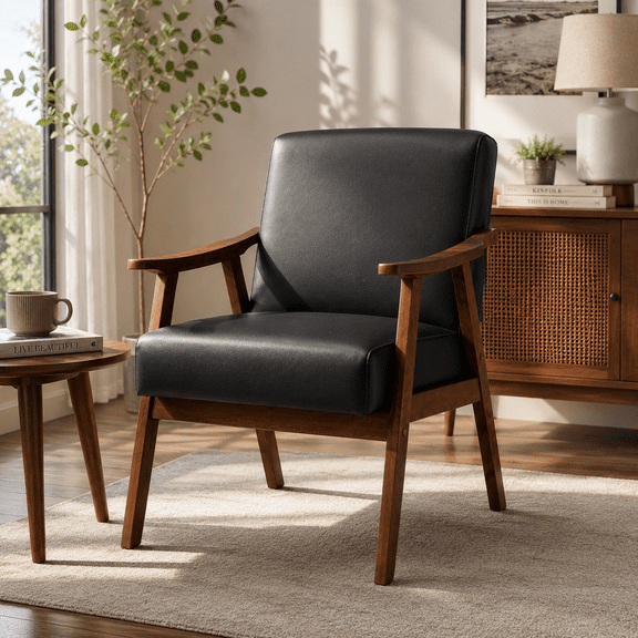 MOONMISS Mid Century Modern Accent Chair Solid Wood Frame Microfiber Living Room,Black PU