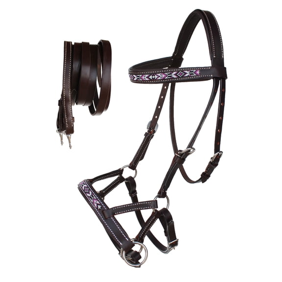 Horse Western Padded Leather Beaded Bitless Sidepull Bridle Reins 77RT13BR-F