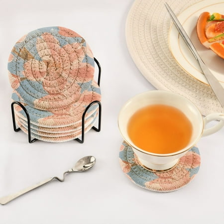 

Pink Flowers Set of 6 Durable Woven Polyester Coasters with Black Storage Rack 4in