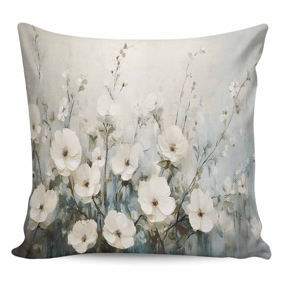 Throw Pillow Covers 24x24 Inch, White Floral Decorative Pillow Cases for Couch Sofa Bed, Botanical Abstract Oil Painting Plant Cotton Linen Square Home Decor Pillowcases with Hidden Zipper
