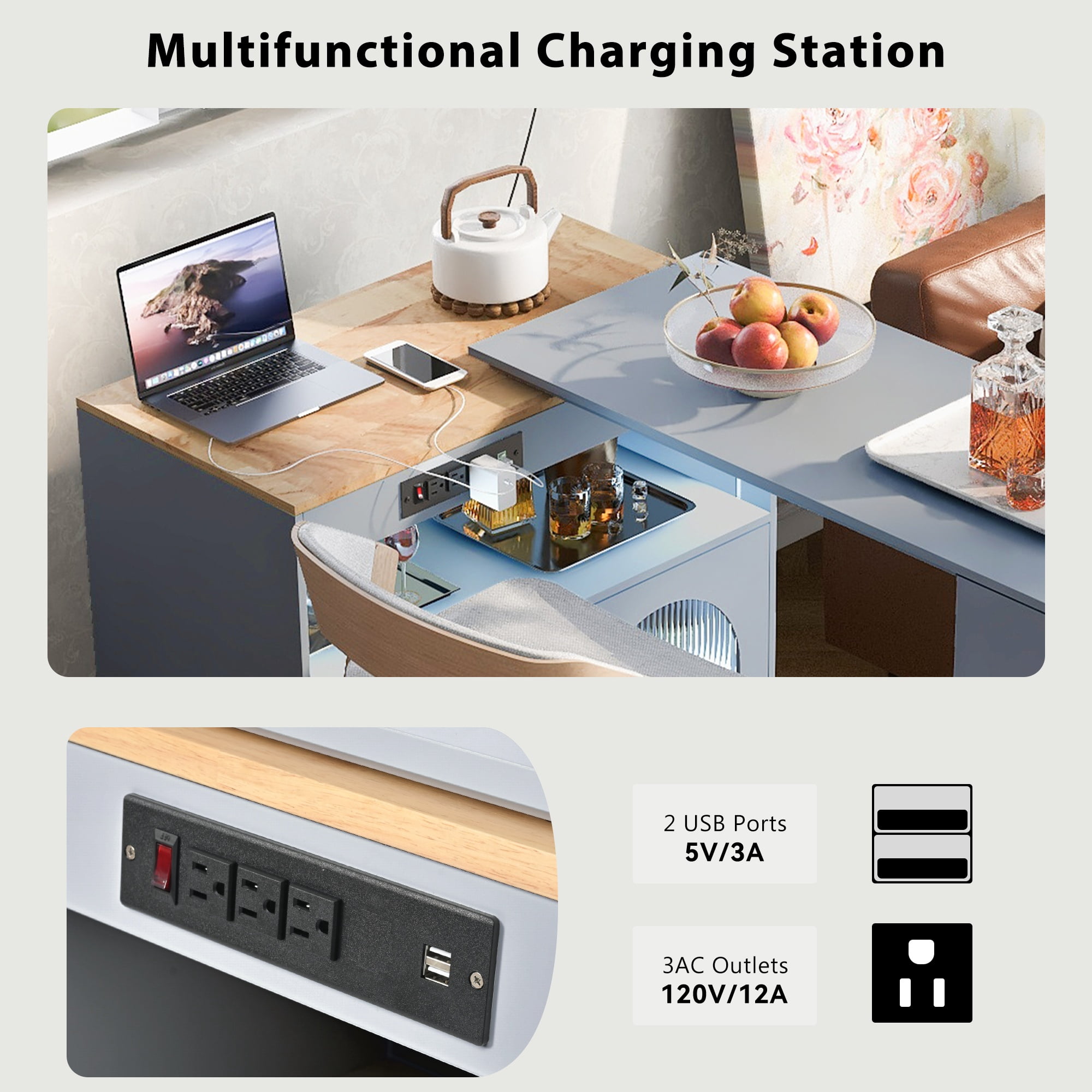 Alvantor 73.5" Rolling Kitchen Island with Extendable Table, LED Lights, Power Outlets, Grey-Blue
