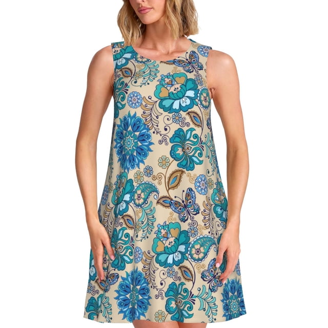 Gaeub Robe Sans Manches Vintage à Imprimé Floral Papillons pour Femmes, Robe Décontractée de Plage Ample, Robe de Plage Ligne A avec Poches, Robe Maxi d'Été pour Femmes