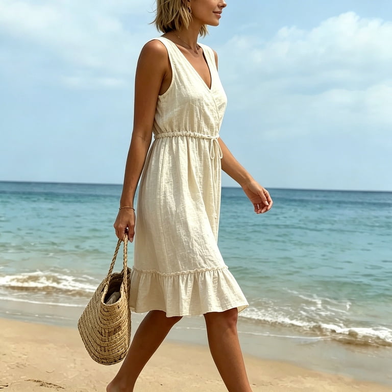 knee length athletic dress Sentmoon Deep V Neck Dress Breathable Regular Fit Plus Size Athletic Dress  2026 Summer Sleeveless Patchwork Knee Length Dress Cute for Business and