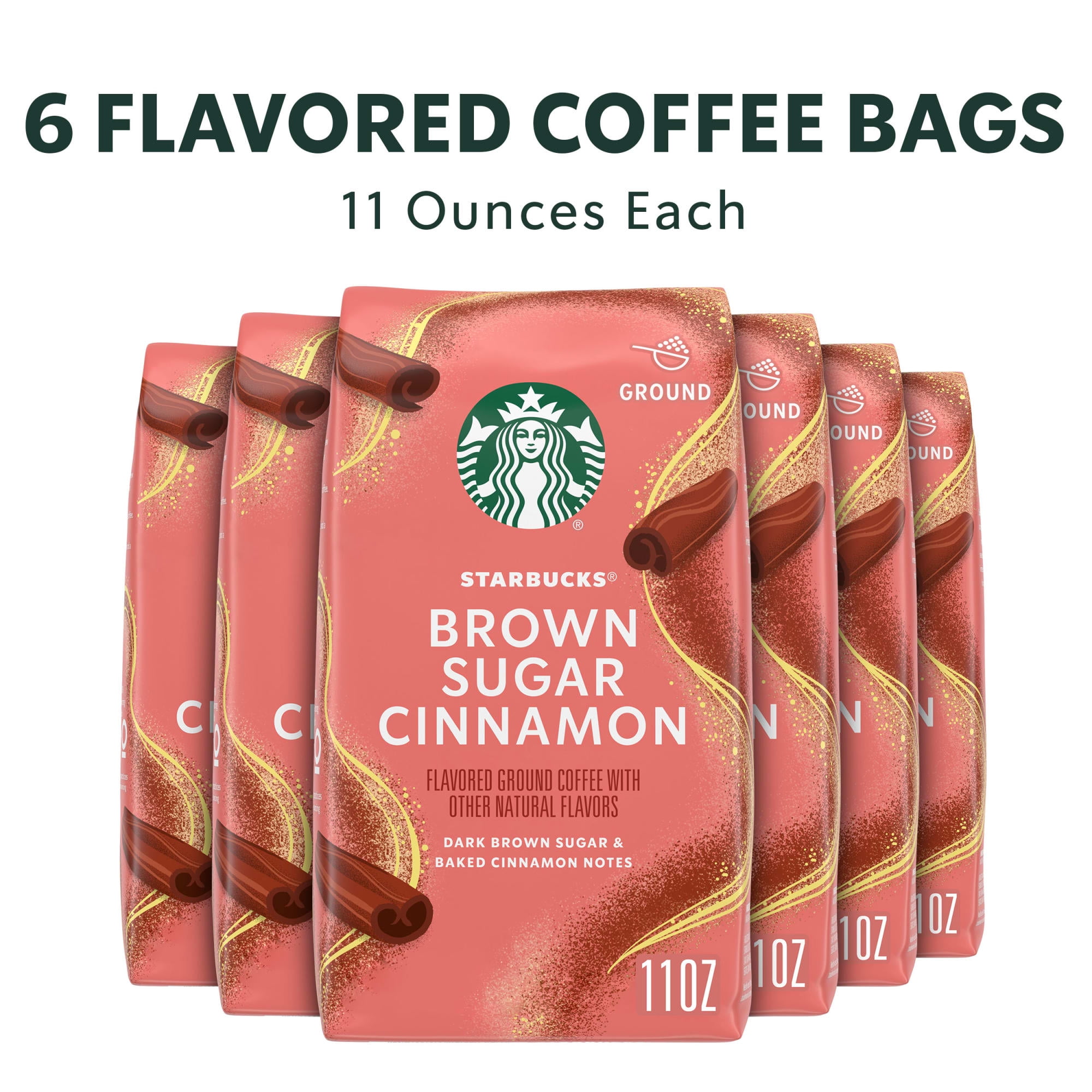 (6 pack) Starbucks Brown Sugar Cinnamon, Hot or Iced Coffee, Flavored Ground Coffee, 11 oz