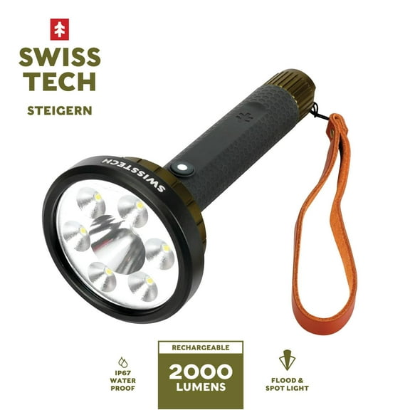 Swiss Tech Steigern Flashlight, 2000 Lumen, LED, Rechargeable, IPX7 Waterproof, Digital Focusing