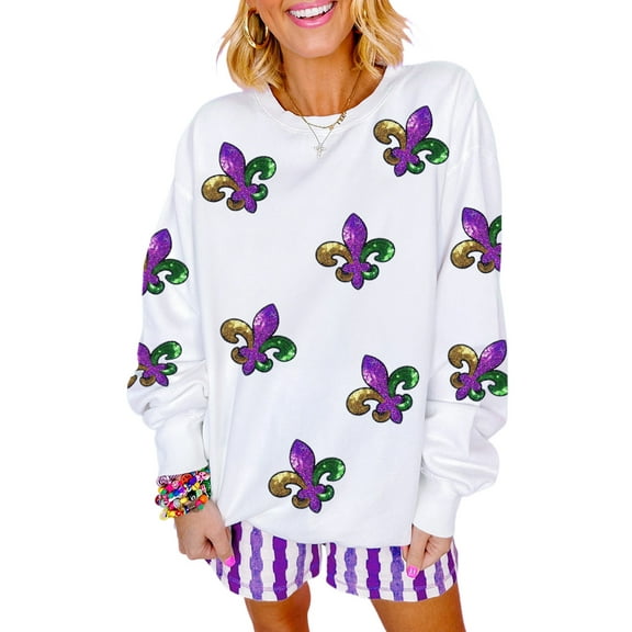 Women's White Fleur De Lis Sequin Patched Graphic Drop Shoulder Sweatshirt | [ZhiHiMeRi] | (US 20-22)2XL