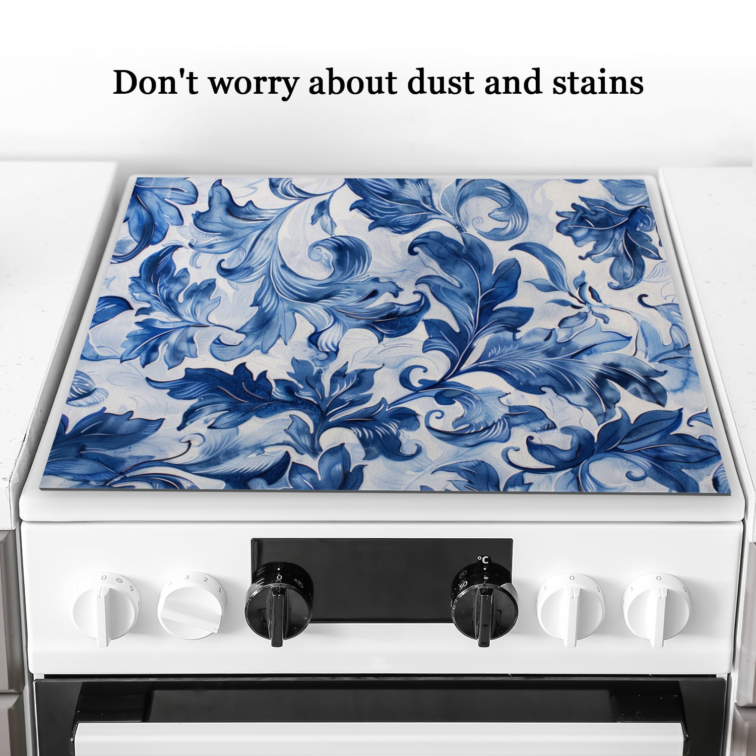 Electric Stove Top Cover, Blue And White Porcelain Drawing Square Foldable Glass Stove Top Protector Mat, Washable Modern Decor Pad for Kitchen RV (28×20 Inch)