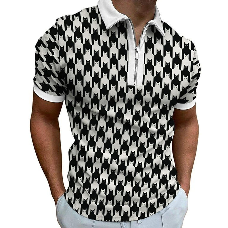 Men'S Spring And Summer Short-Sleeved Zipper Lapel Houndstooth