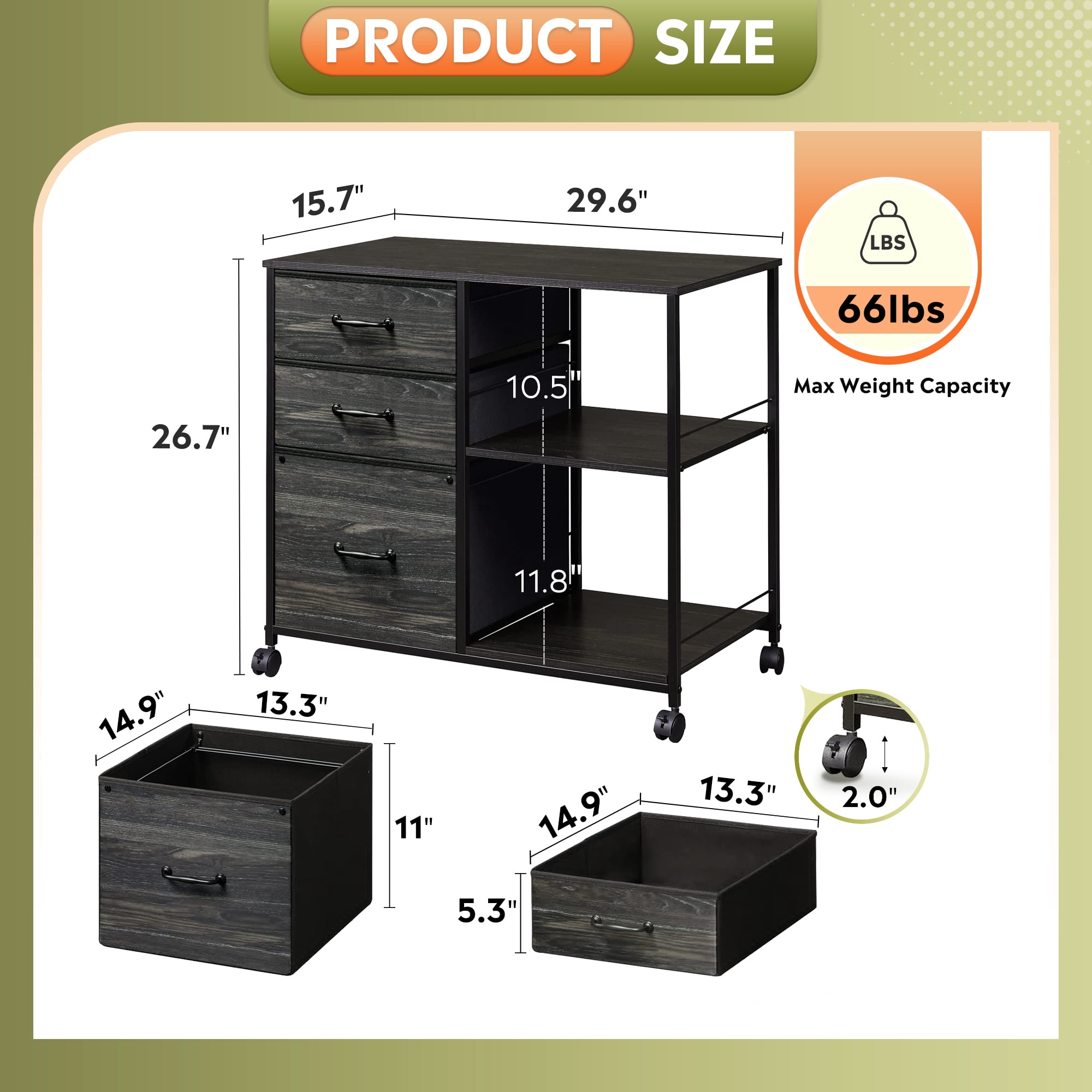 GALAXHERO 3 Drawer File Cabinets, Mobile Printer Stand with Storage Shelf for Home Office/Letter/A4, Charcoal Black