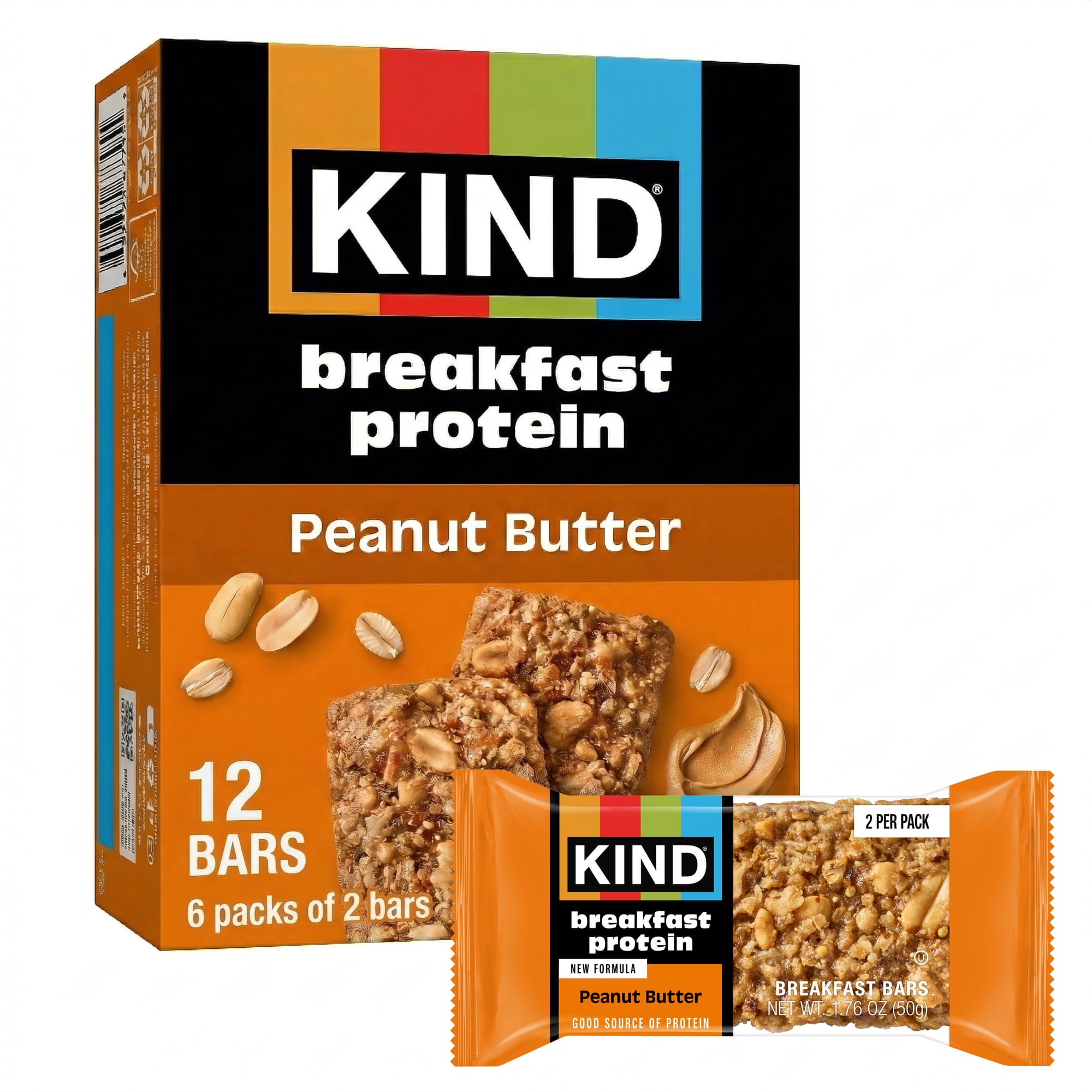 KIND Breakfast Protein Bars, Peanut Butter, Gluten Free, 8g Protein, 1.76 oz, 6 Packs