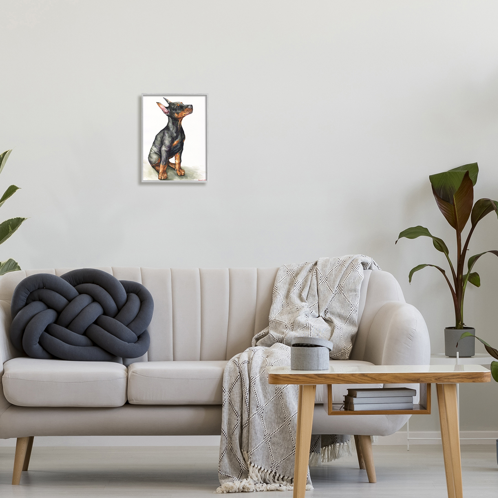 Stupell Industries Doberman Puppy Dog Pet Animal Watercolor Painting Framed Art Print Wall Art, 11x14, By George Dyachenko