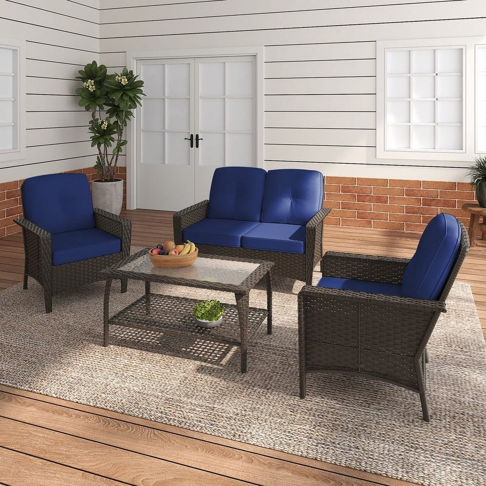 GAZEBETER 4 Piece Outdoor Patio Furniture Set,Wicker Patio Conversation Sets of 4,PE Rattan Wicker Table and Chairs Set with Cushions,Blue