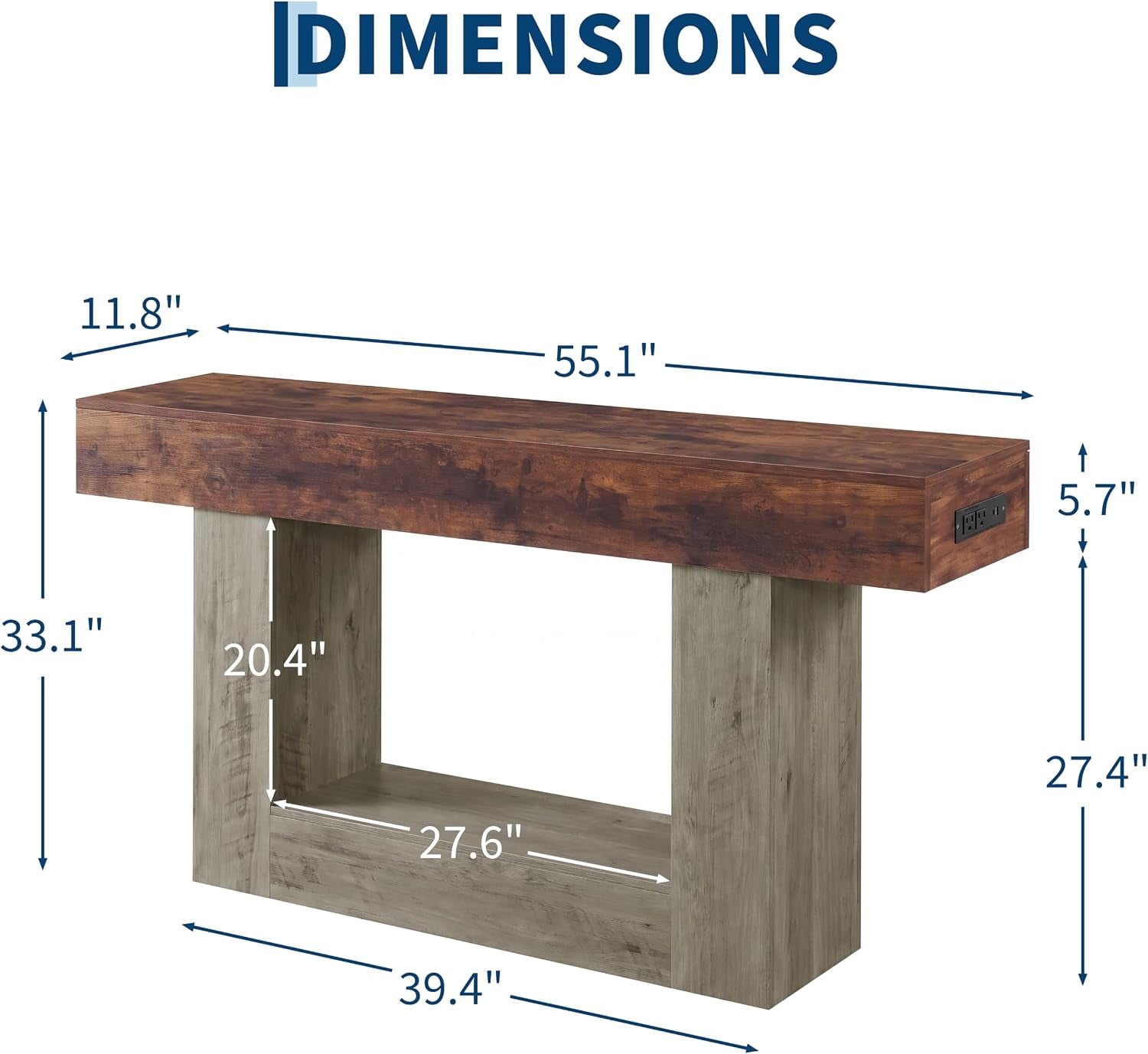 55” Entryway Table with Charging Station & LED Light, Narrow Sofa Table for Hallway Living Room, Modern Farmhouse Console Table with Storage Shelf, Brown and Gray