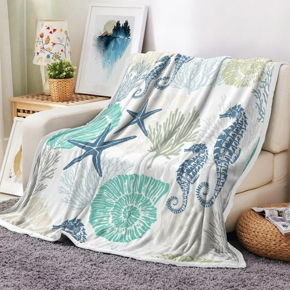 Beach Ocean Throw Blanket, Nautical Coastal Throw Blanket, Summer Blue and Teal Soft Fuzzy Blanket, Ocean Animal Theme Decor for Couch Bed Sofa Travelling Camping 50X60IN