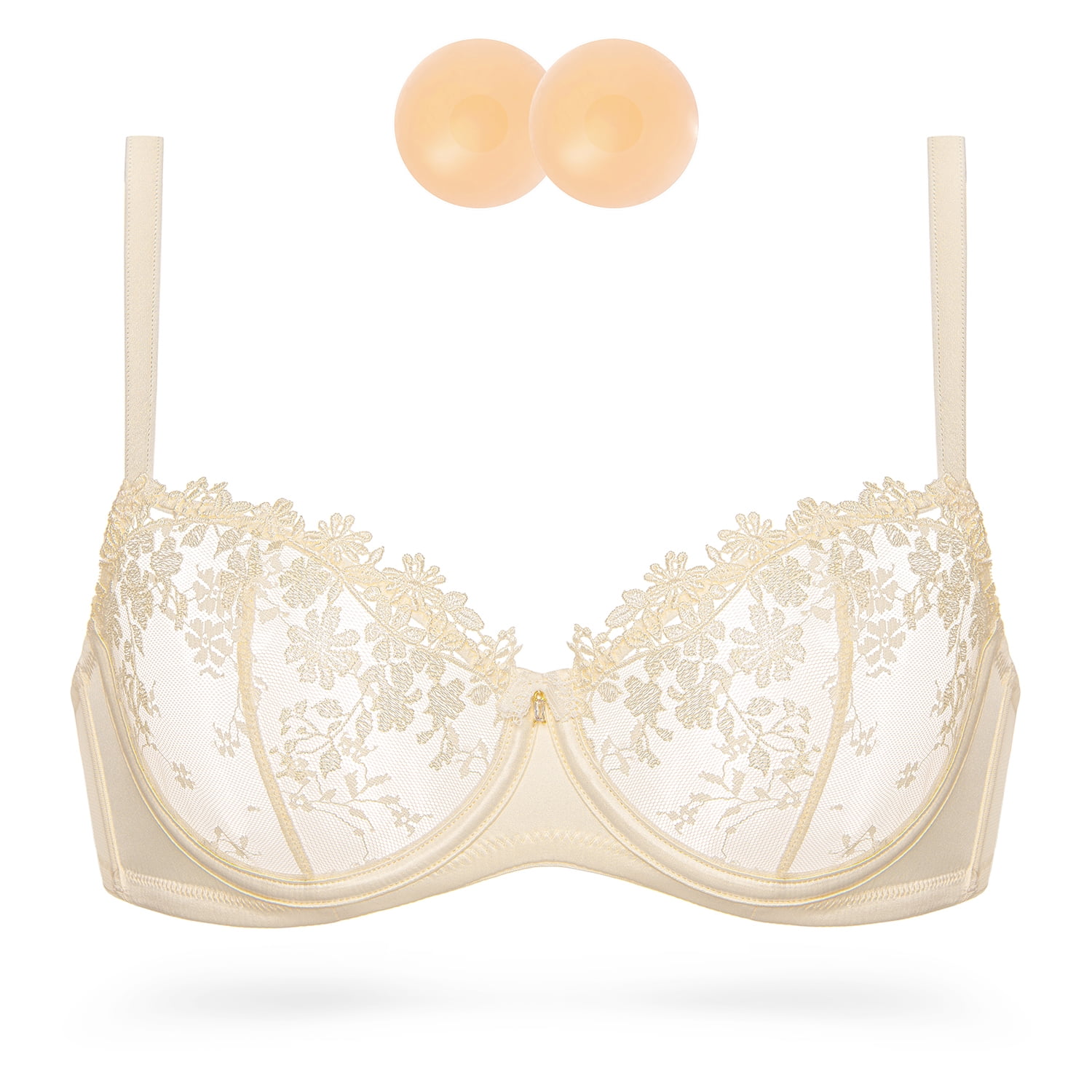 Wingslove Women's Sexy Lace Sheer Bra Demi Mesh Balconette See Through Unlined Underwire with Silicone Nipple, Nude 36C