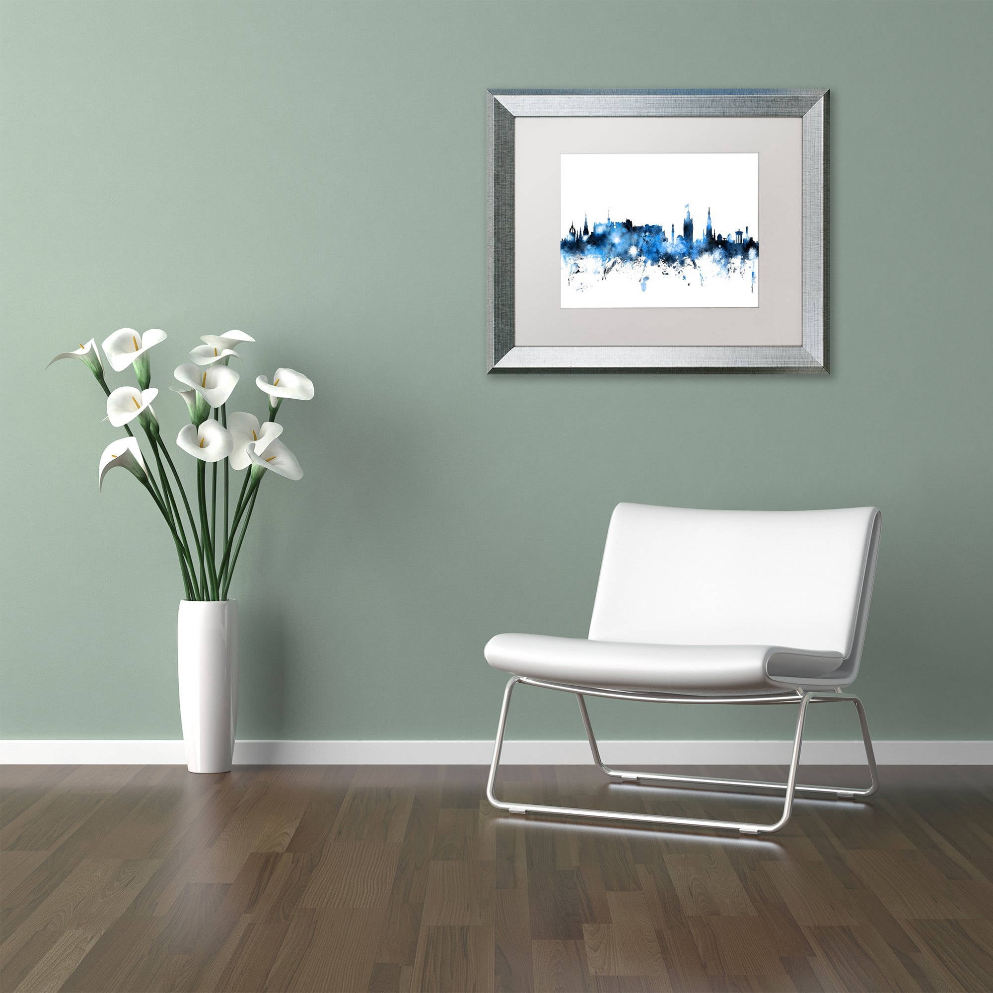 Trademark Fine Art "Edinburgh Skyline White" Canvas Art by Michael Tompsett, White Matte, Silver Frame