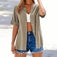 thumbnail image 2 of Yubnlvae Short Sleeve Linen Shirt - Women's Collarless Button-Down Top, Breathable Casual Oversized T-Shirt Style Blouse (Khaki | XL), 2 of 5