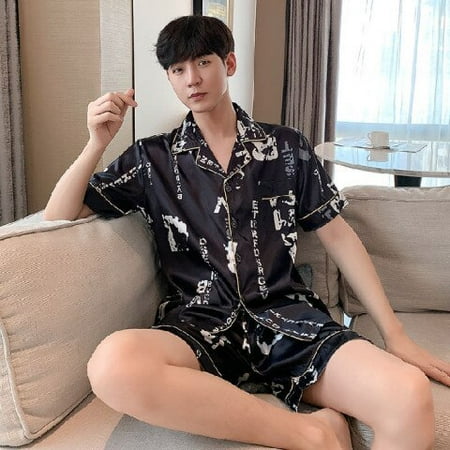 

PIKADINGNIS Mens Pajamas Set Summer Elastic Waist Men Sleepwear Silk Mens Short Sleeve Nightwear Print Top + Short Pant Homewear Set