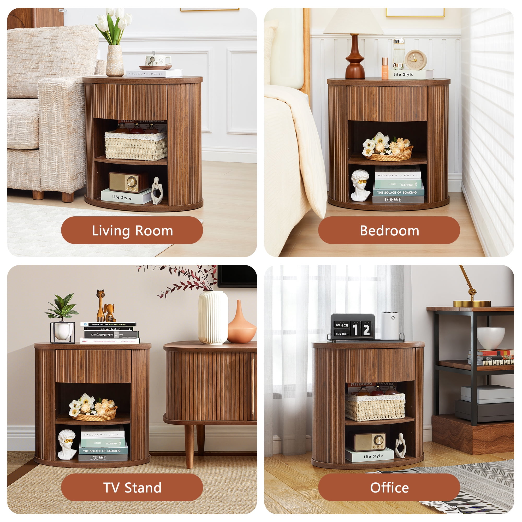 YOCWO Oval Nightstand with 1 Drawer and Adjustable Shelf for Bedroom with Carved Line Design, Round End tables for Living Room, Walnut