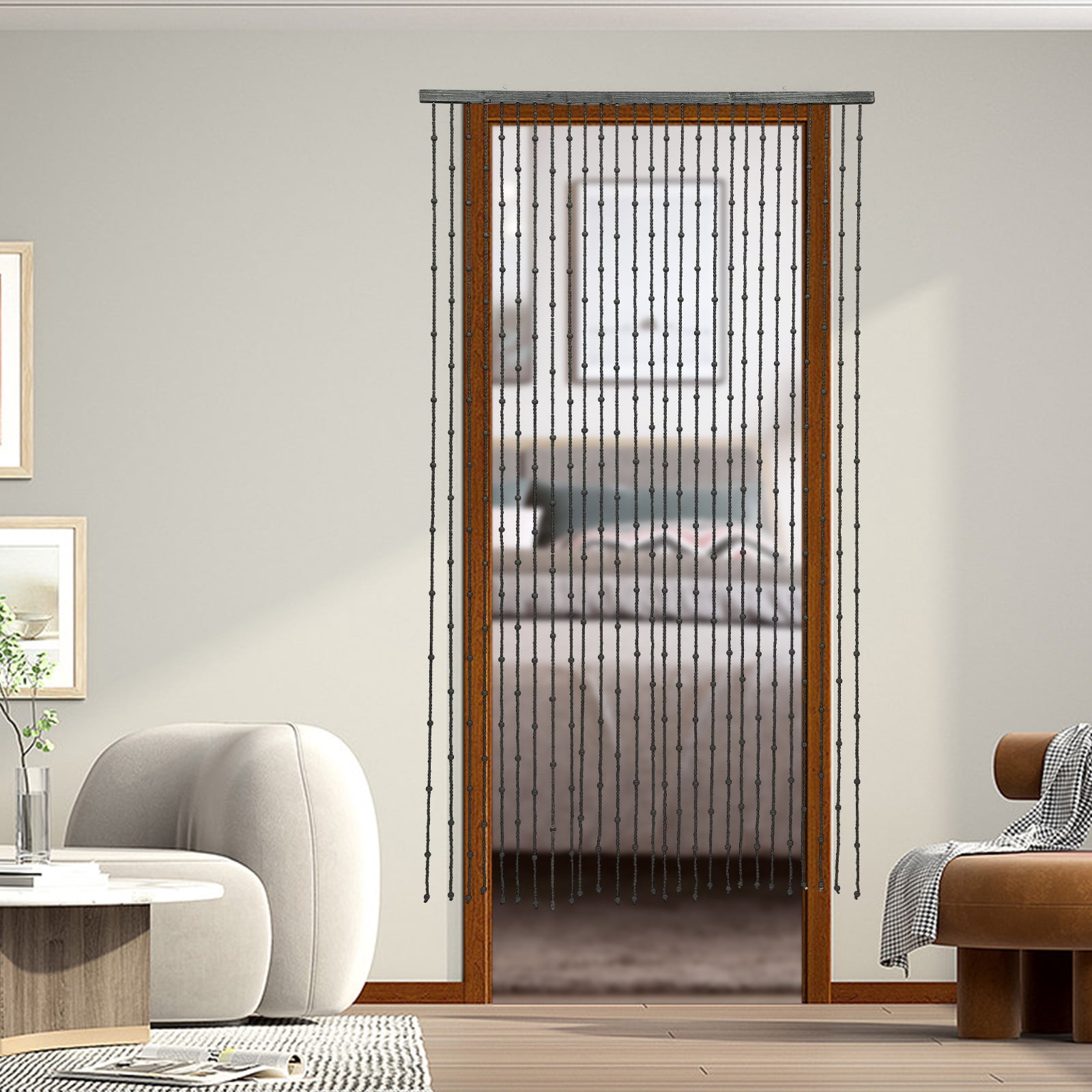 Wooden Beaded Curtain 35x71in Black Handmade Bamboo Door Curtain with 27 Strands & Cotton Thread