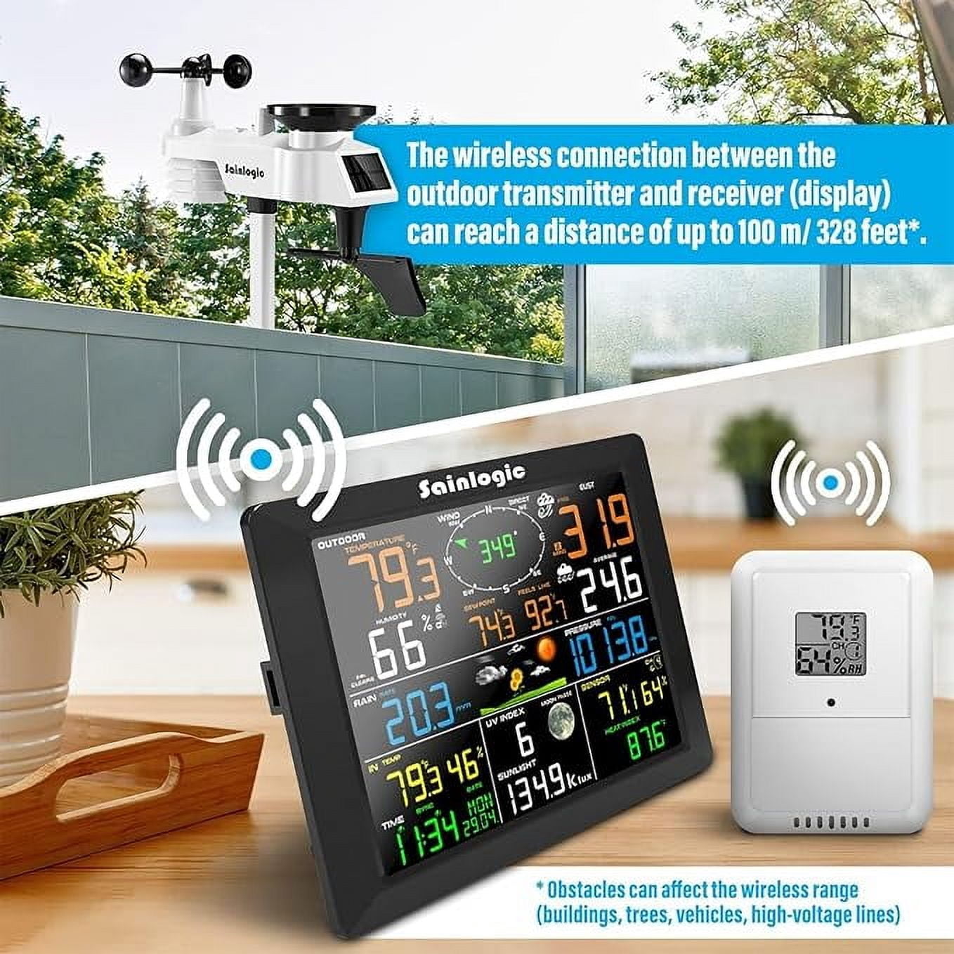 Sainlogic 8.3" Wireless Weather Station, 7-in-1 with Rain Gauge & Wind Sensor, Wifi for Home Garden Farm