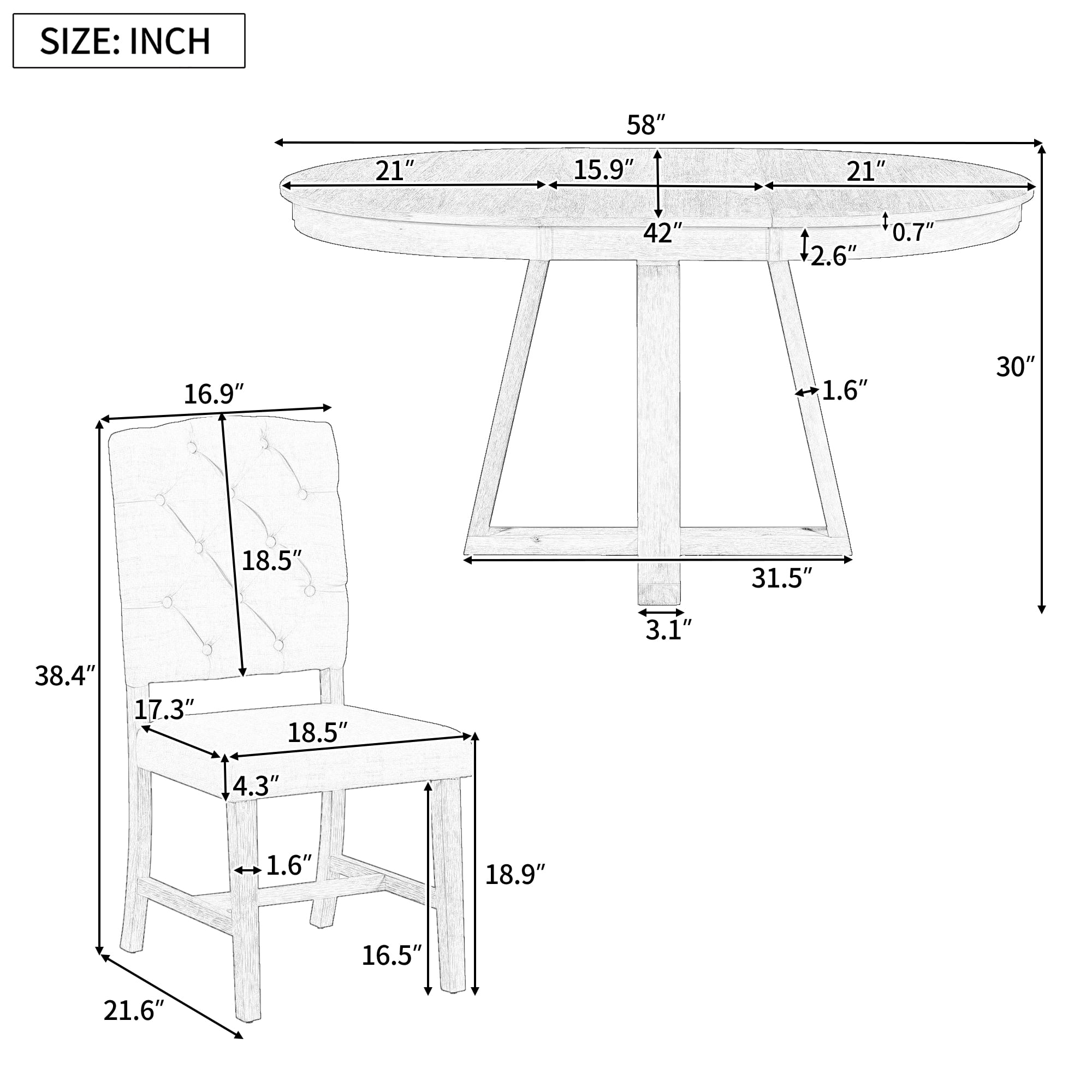 5-Piece Dining Table Set for 5, 42"-58" Extendable Round Dining Table with 4 Upholstered Chairs