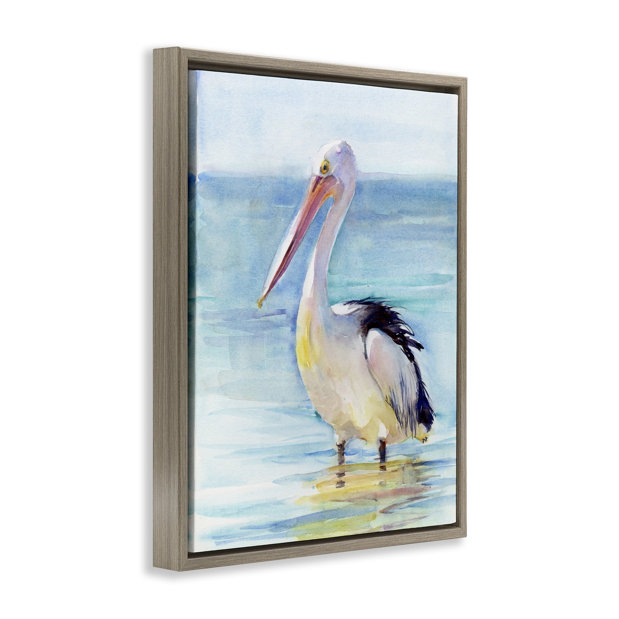 Stupell Industries Pelican Wading in Sea Nautical & Beach Painting Brown Floater Framed Canvas Art Print Wall Art, 25 x 31