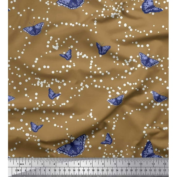 Soimoi Brown Rayon Crepe Fabric Dot & Butterfly Print Fabric by the Yard 46 Inch Wide