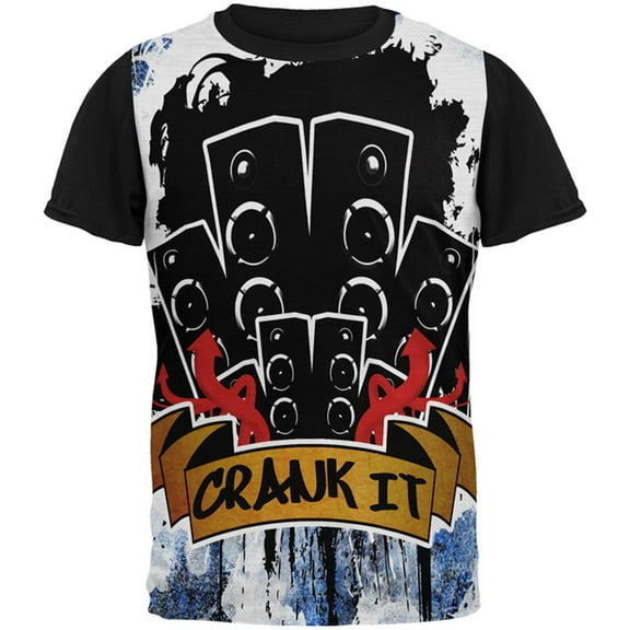 DJ Crank it to Eleven 11 Super Bass Speakers All Over Mens Black Back T Shirt Multi X-LG