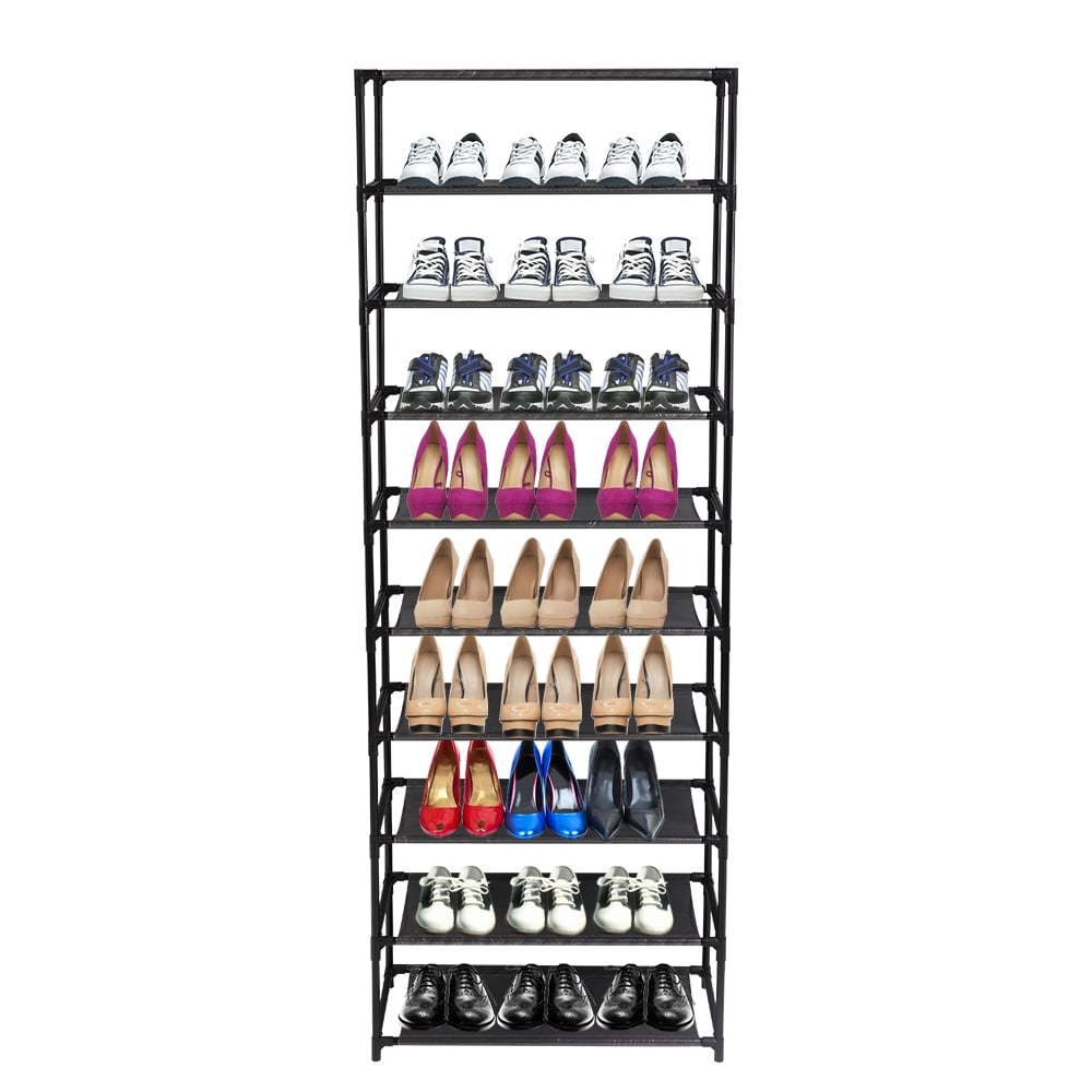 10 Tier Stackable Shoe Rack Storage Shelves,  Stainless Steel Frame Heavy Duty Holds 50 Pairs of Shoes, Easy Assemble, Black