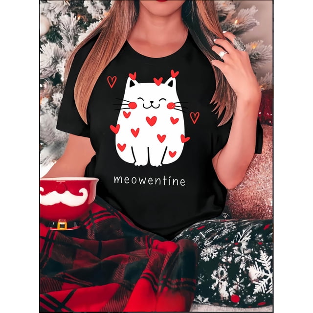 Camisetas de manga corta para mujer, diseño gráficoCozy Comfort | Women's "Meowentine" Heart Cat Graphic T-Shirt - Casual Round Neck, Short Sleeve, Comfortable Polyester Blend, Perfect for SummerFat