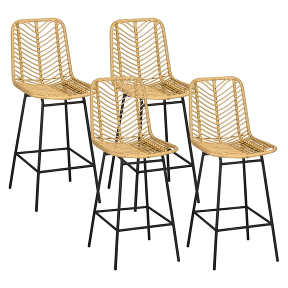 Rattan Bar Stools Set of 4, 26" Counter Height Barstools, Boho Kitchen Island Stools with Breathable Wicker Seat and Back, Yellow