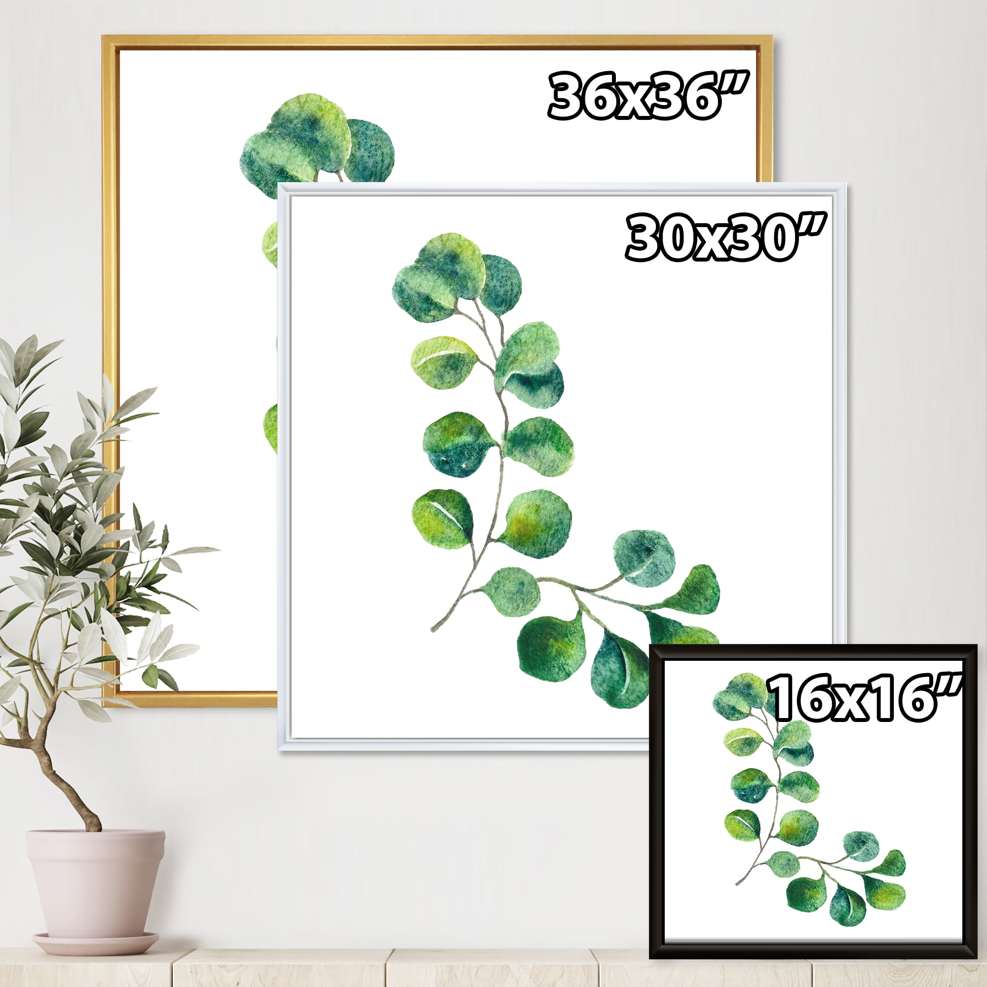 Designart 'Green Eucalyptus Plant Branches II' Traditional Framed Canvas Wall Art Print